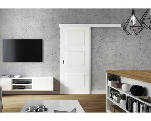 Sufragerie cu ușă glisantă albă, televizor și mobilier