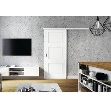 Living modern cu ușă glisantă albă și design minimalist