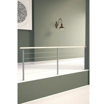 Imagine de interior cu balustradă de scară formată din stâlpi metalici, grinzi de lemn și cabluri de sârmă
