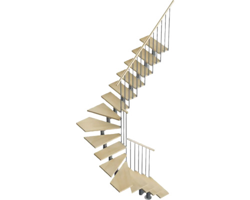 Scară spiralată cu trepte din lemn și balustradă metalică