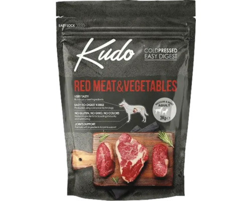 Hrană uscată pentru câini presată la rece Kudo Adult Mediu-Maxi cu carne roșie și legume fără gluten 3 kg