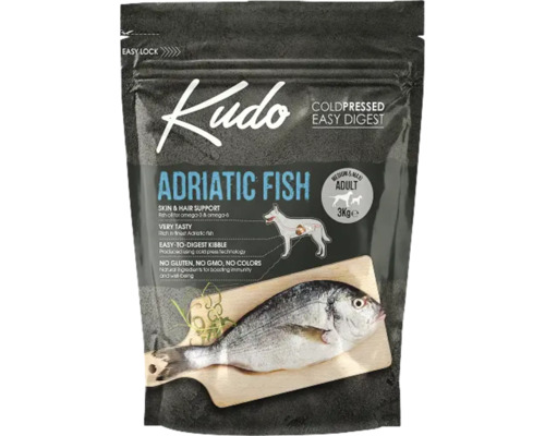 Hrană uscată pentru câini presată la rece Kudo Adult Mediu-Maxi cu pește fără gluten 3 kg