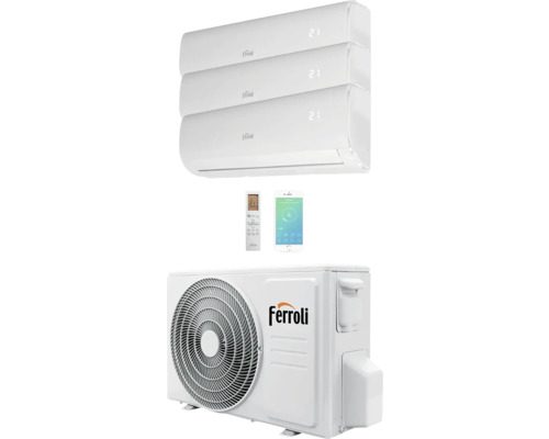 Aparat aer condiționat Ferroli Multisplit Giada M WiFi Smart 3x9000 BTU, alb, fără kit de instalare Aparat de aer condiționat cu trei unități interioare, o unitate exterioară, o telecomandă și un smartphone