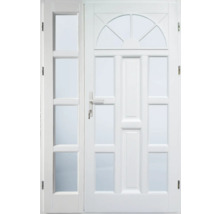 Ușă de intrare albă cu inserții de sticlă și panou lateral