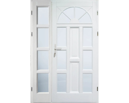 Ușă de intrare albă cu inserții de sticlă și panou lateral
