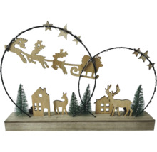 Decorațiune luminoasă de Crăciun cu sanie trasă de reni, case și brazi pe soclu de lemn