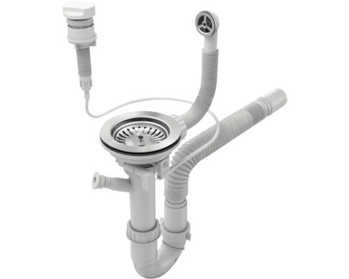 Sifon flexibil automat cu ventil și preaplin Ø90 cu racord pentru mașina de spălat vase/rufe crom