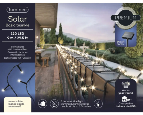 Ghirlandă luminoasă Lumineo Solar Basic Twinkle cu 120 LED-uri și o lungime de 9 metri pentru decorarea spațiilor exterioare