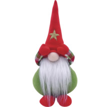 Gnom de Crăciun cu căciulă roșie, stea, mănuși în carouri și barbă