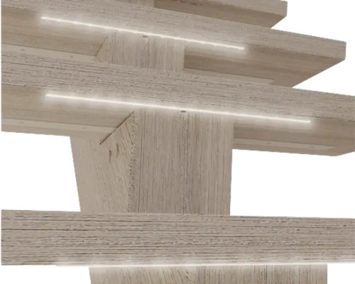 Vizualizare detaliată a unei construcții din lemn cu iluminare integrată