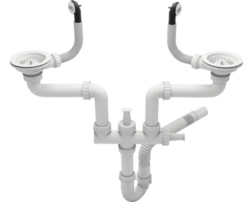 Sifon dublu flexibil cu ventil și preaplin Ø90 racord pentru mașina de spălat vase/rufe alb