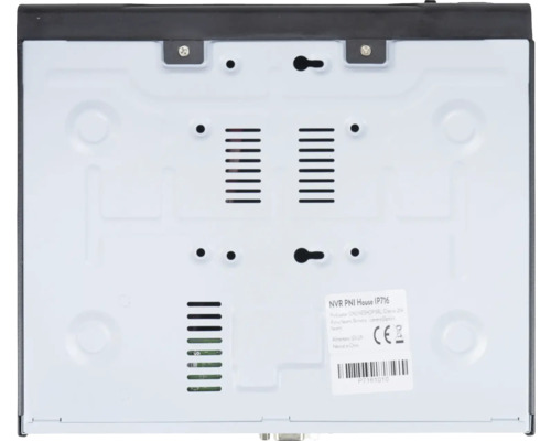 Partea din spate a unui înregistrator video de rețea cu fante de aerisire și găuri de montare pentru montare pe perete