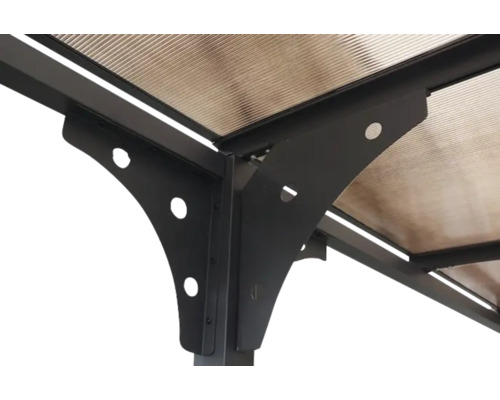 Vedere detaliată a unui pavilion cu cadru metalic și acoperiș transparent