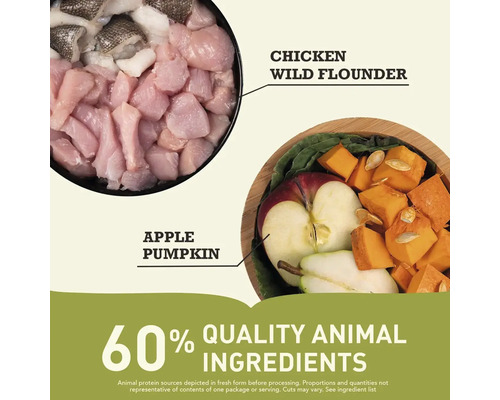 Ilustrație cu carne de pasăre, cambulă, măr și dovleac ca ingrediente pentru hrana animalelor