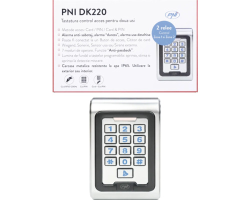 Tastatură de control acces PNI DK220 pentru două uși cu acces prin card, acces prin cod PIN și acces prin card și cod PIN