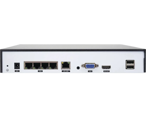 Partea din spate a unui înregistrator video de rețea cu conexiuni pentru alimentare, PoE, Uplink, VGA, HD-OUT și USB
