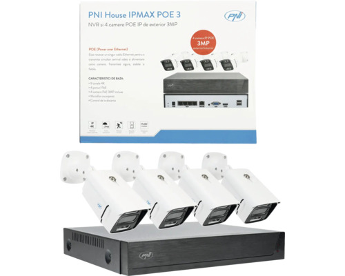 Set cameră de supraveghere PNI House IPMAX POE 3 cu patru camere și NVR pentru exterior