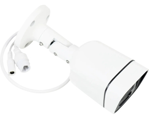 Cameră de supraveghere albă cu cablu și suport