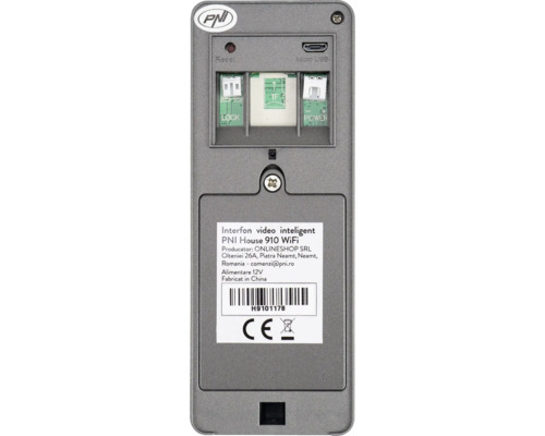 Spatele interfonului video PNI House 910 WiFi cu conexiuni de resetare, micro USB, blocare și alimentare