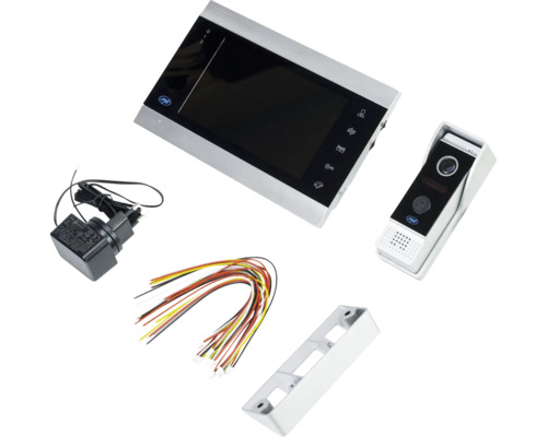Set complet interfon cu monitor, unitate exterioară, sursă de alimentare și accesorii de montaj