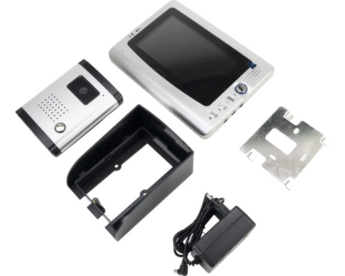 Sistem interfon video cu monitor, unitate exterioară, carcasă, placă de montaj și adaptor de alimentare