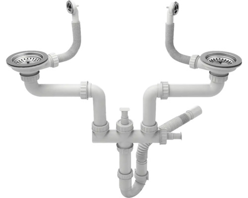 Sifon dublu flexibil cu ventil și preaplin Ø90 racord pentru mașina de spălat vase/rufe crom