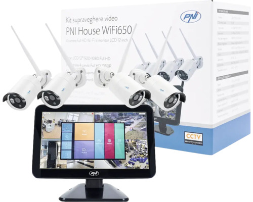 Kit supraveghere video PNI House WiFi650 cu patru camere Full HD si monitor LCD