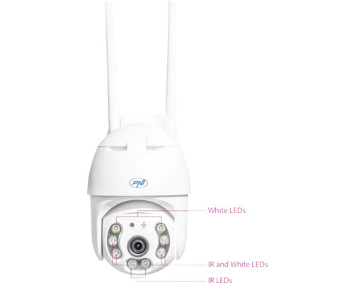 Cameră de supraveghere cu două antene, LED-uri infraroșu și LED-uri albe