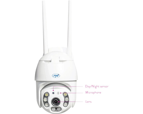 Cameră de supraveghere albă cu senzor zi/noapte, microfon și obiectiv