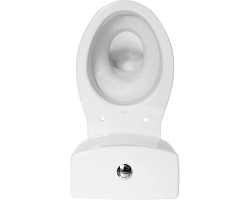 Fotografie cu un WC alb, de podea, cu rezervor de spălare