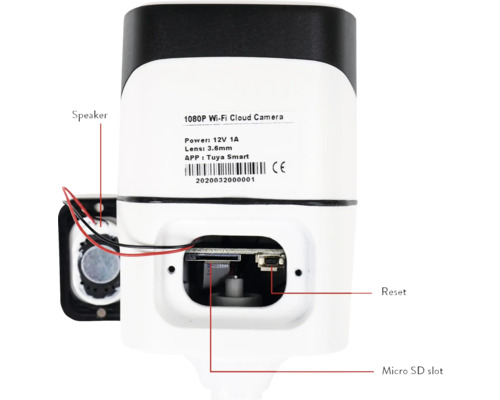 Detalii ale camerei cloud Wi-Fi 1080P cu difuzor, buton de resetare și slot pentru card Micro SD