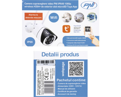 Cameră supraveghere video wireless PNI IP649 1080p de exterior cu slot microSD și aplicația Tuya