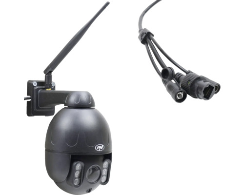 Cameră de supraveghere rotativă cu antenă și conexiuni de cablu.