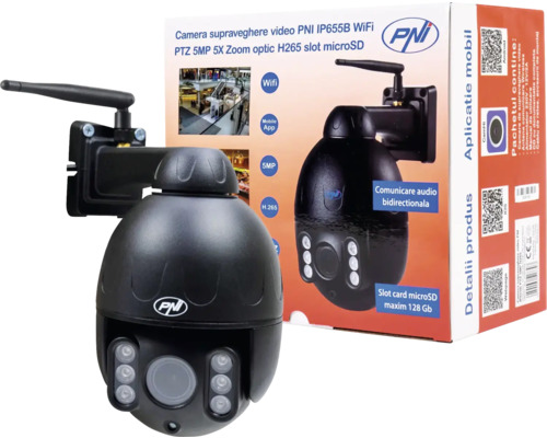 Cameră de supraveghere video PNI IP655B WiFi cu funcție PTZ, rezoluție de 5 megapixeli, zoom optic 5x, codec H.265 și slot pentru card MicroSD.