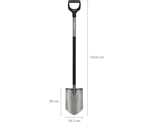 Cazma cu mâner tip D și dimensiuni: lungime 124,9 cm, înălțime 29 cm și lățime 19,3 cm