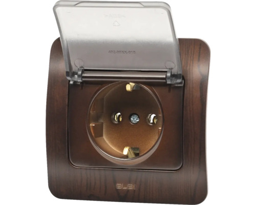 Priză cu capac rabatabil, aspect de lemn