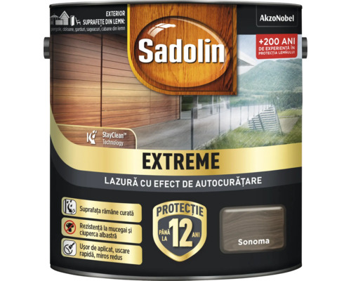 Lazură cu efect de autocurățare Sadolin Extreme gri sonoma 4,5 l Lazura pentru lemn Sadolin Extreme la cutie, culoarea Sonoma, cu tehnologia StayClean și protecție până la 12 ani