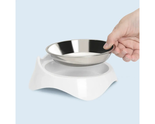Bol pentru hrană cu inserție din oțel inoxidabil în suport alb