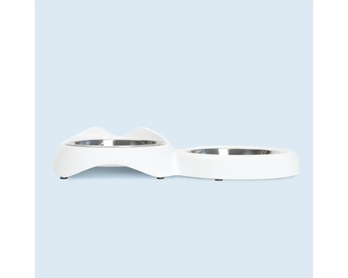 Bol dublu pentru animale de companie cu boluri din oțel inoxidabil și bază din plastic alb