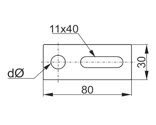 Desen tehnic al unei plăci de montaj cu dimensiunile de 80 x 30 mm și găuri