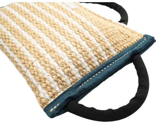 Pernă de tras pentru câini cu mânere, cu dungi bej și albe