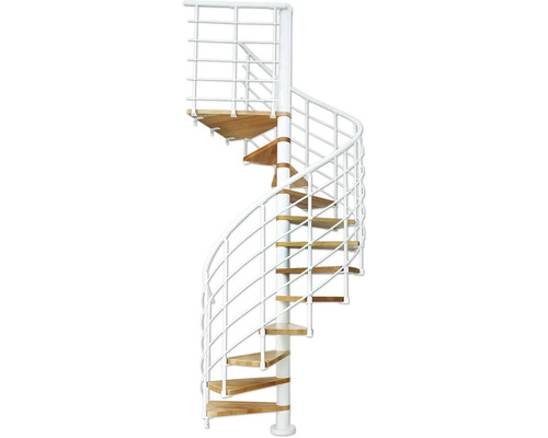 Scară spiralată cu trepte din lemn și balustradă metalică albă