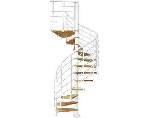 Scară spiralată cu balustradă metalică și trepte din lemn