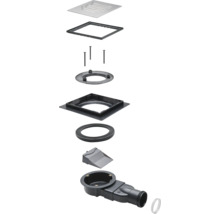 Vedere de sus a unui canal de duș cu accesorii în detaliu
