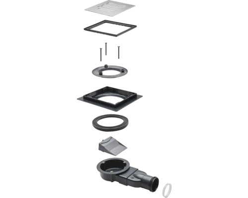 Vedere de sus a unui canal de duș cu accesorii în detaliu