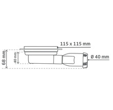 Desen tehnic al unui sifon cu dimensiunile de 115 x 115 milimetri, 68 milimetri și diametrul de 40 milimetri.