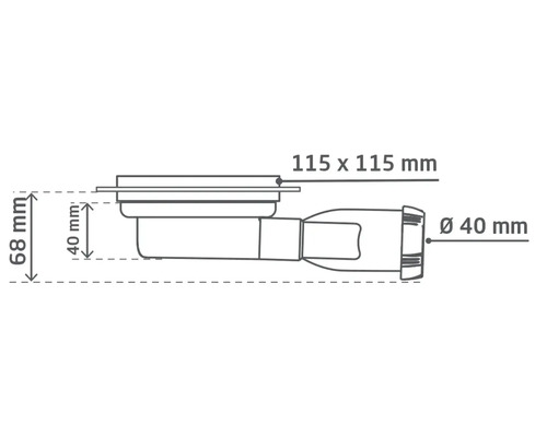 Desen tehnic al unui sifon cu dimensiunile de 115 x 115 milimetri, 68 milimetri și diametrul de 40 milimetri.