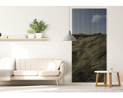 Cameră de zi cu canapea, masă, raft de perete și panou acustic cu motiv peisagistic