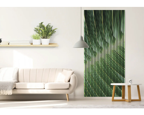 Living cu canapea, raft și panou de lemn cu motiv vegetal