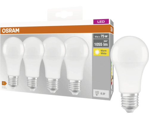 Bec LED OSRAM E27, 10 W, alb cald, set de patru